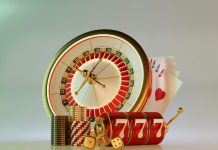 A clock, dice, and casino chips on a table