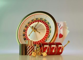 A clock, dice, and casino chips on a table