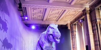 Dinosaur exhibit illuminated with purple light