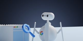 a white robot holding a magnifying glass next to a white box