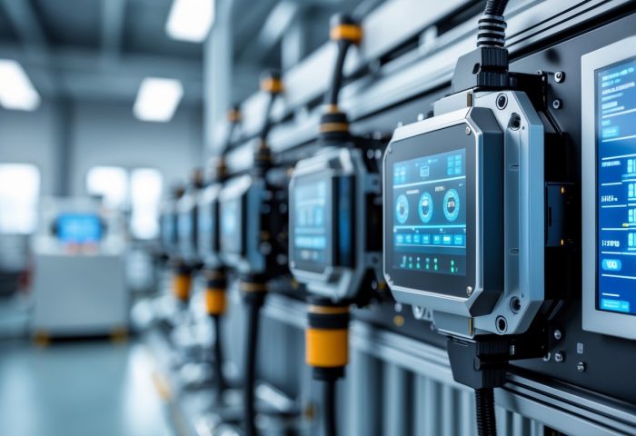 Close-up of advanced sensors and detection devices installed on industrial machinery in a factory setting.