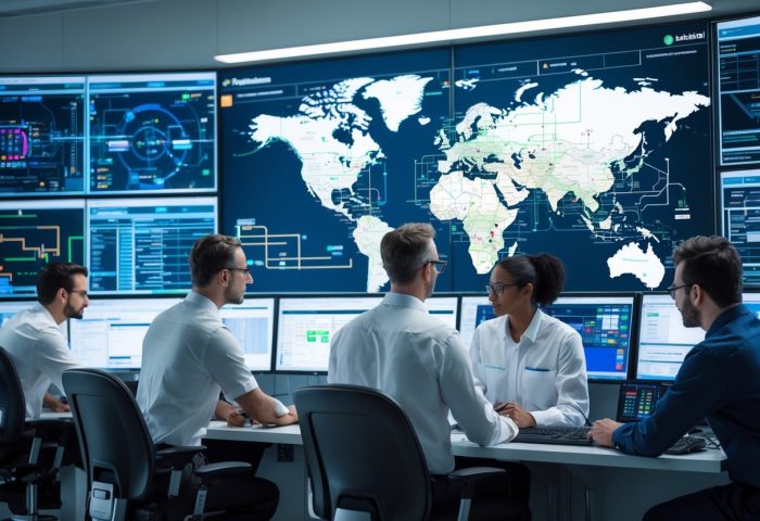 Engineers working in a modern control room with multiple screens showing data and global maps, surrounded by industrial automation equipment.