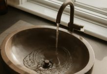 Water flowing into a bronze sink basin.