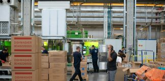man in gray shirt standing beside brown cardboard boxes