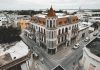an aerial view of an old building in a city