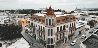 an aerial view of an old building in a city
