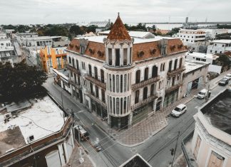 an aerial view of an old building in a city