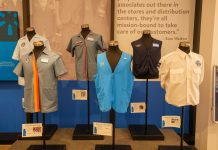 Walmart employee uniforms displayed on mannequins