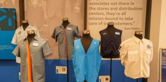 Walmart employee uniforms displayed on mannequins
