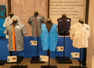 Walmart employee uniforms displayed on mannequins