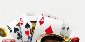 A pile of casino chips and playing cards