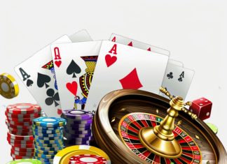 A pile of casino chips and playing cards