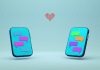 Two phones with chat bubbles and a red heart.