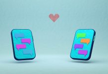 Two phones with chat bubbles and a red heart.