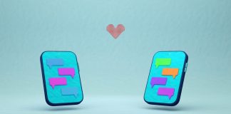 Two phones with chat bubbles and a red heart.
