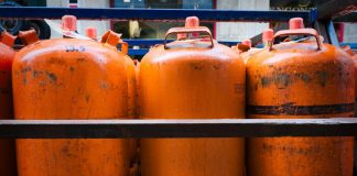 a group of orange barrels