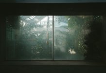 a window with a view of a house through it